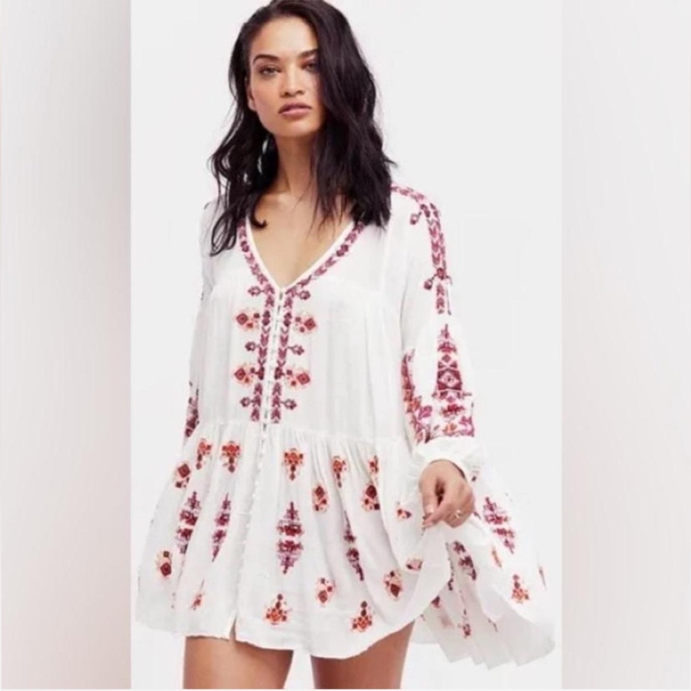 Free People Arianna Tunic Top Large White Embroidered Boho Oversized Blouse